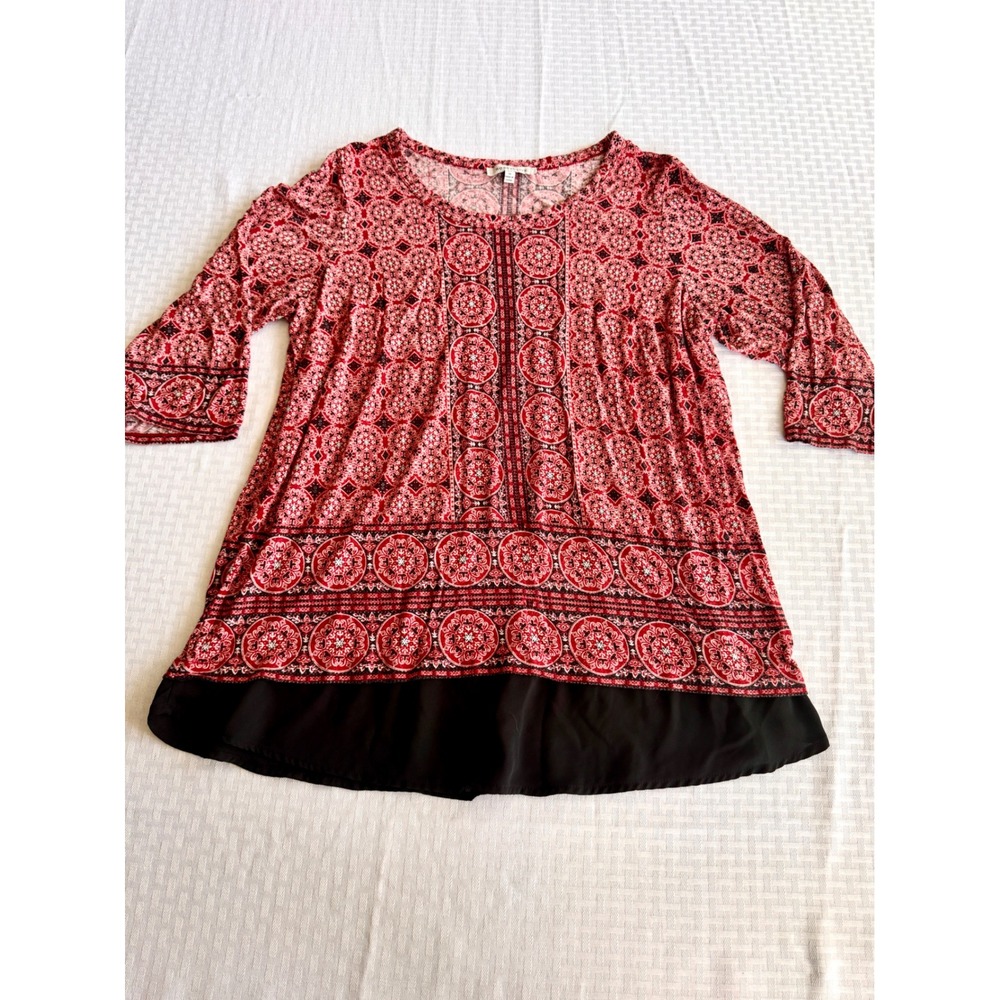 Rose + Olive Red Medallion Print Boho Tunic Top Layered Hem 1X